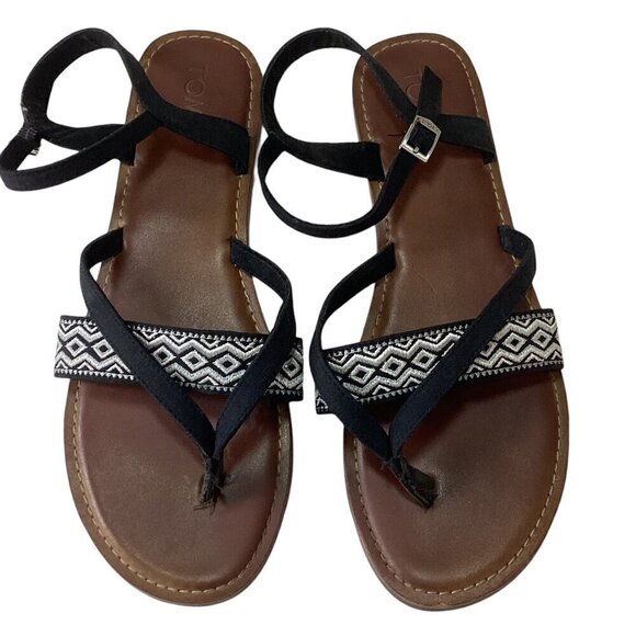 TOMS Lexie Geometric Tribal Aztec Embroidered Sandals 11 Black Silver White 277B - Picture 1 of 9
